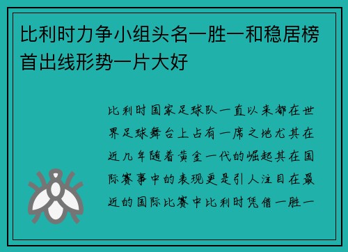 比利时力争小组头名一胜一和稳居榜首出线形势一片大好